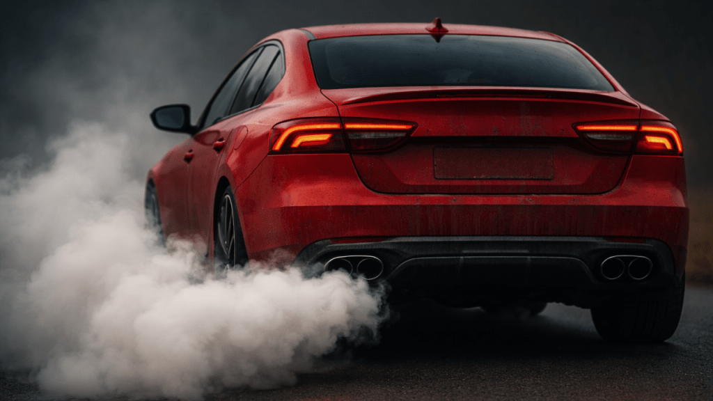 Auto elettriche UE: dal 2035 niente stop ai motori termici Auto rossa che inquina con fumo che esce dallo scarico.