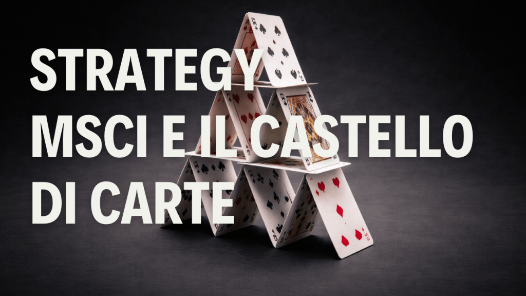 Immagine di un castello di carte su sfondo scuro con testo bianco in evidenza