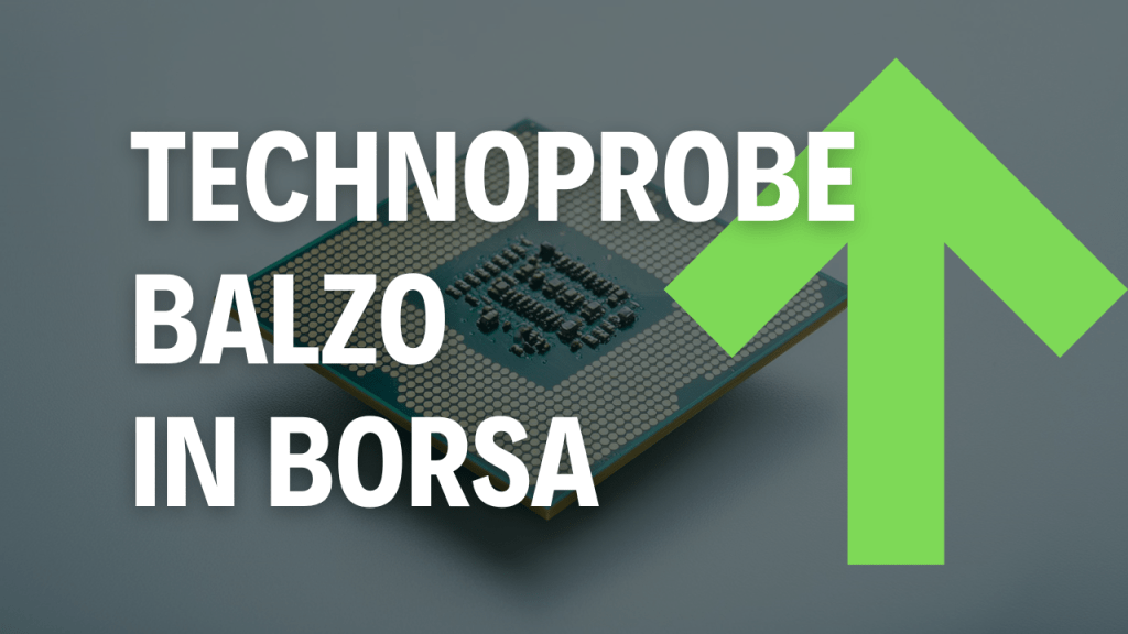 Immagine di un Chip nello sfondo con una freccia verde orientata verso l'alto e testo bianco