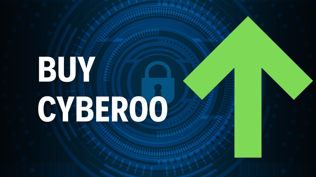 Ingresso Trendycator su Cyberoo Immagine blu di lucchetto informatico che simboleggia la cyber sicurezza con freccia verde in alto e testo bianco