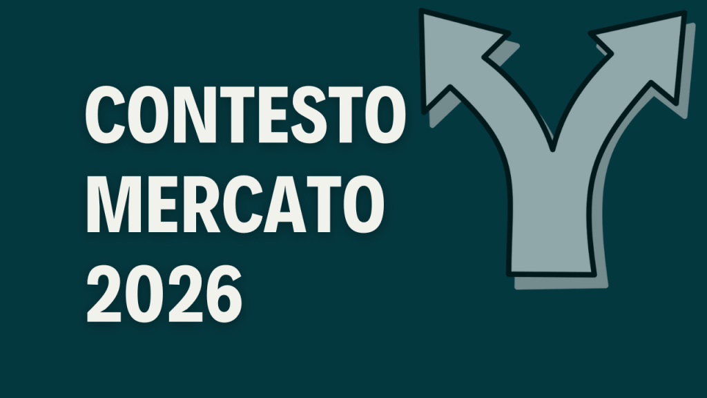 Segnali di contesto e clima di mercato per il 2026 Illustrazione grafica con sfondo verde scuro, freccia biforcuta stilizzata e testo “Contesto mercato 2026”, a rappresentare possibili direzioni dei mercati finanziari nel prossimo anno.