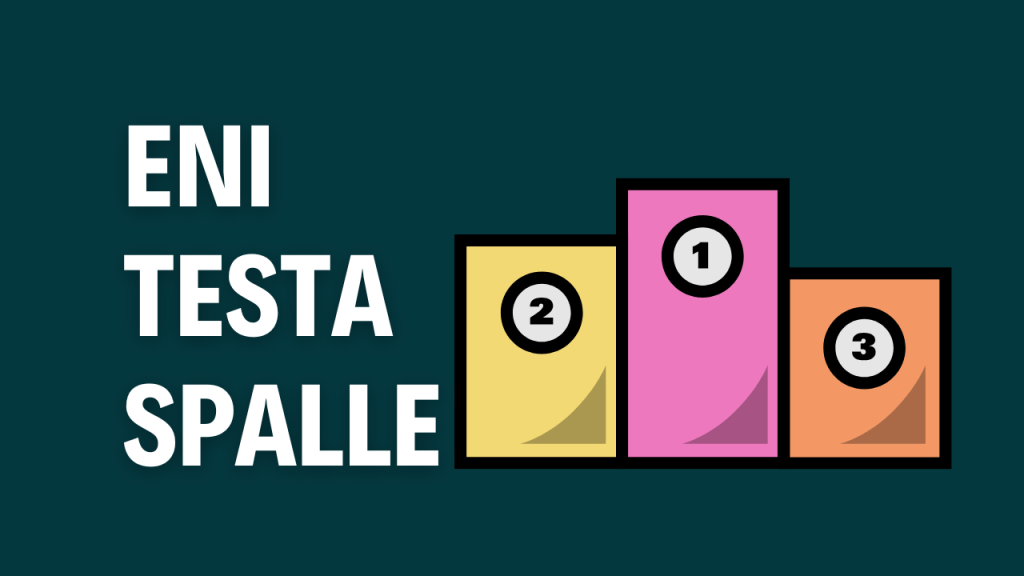 Sfondo verde con un podio in evidenza e una scritta bianca relativa a ENI testa e spalle