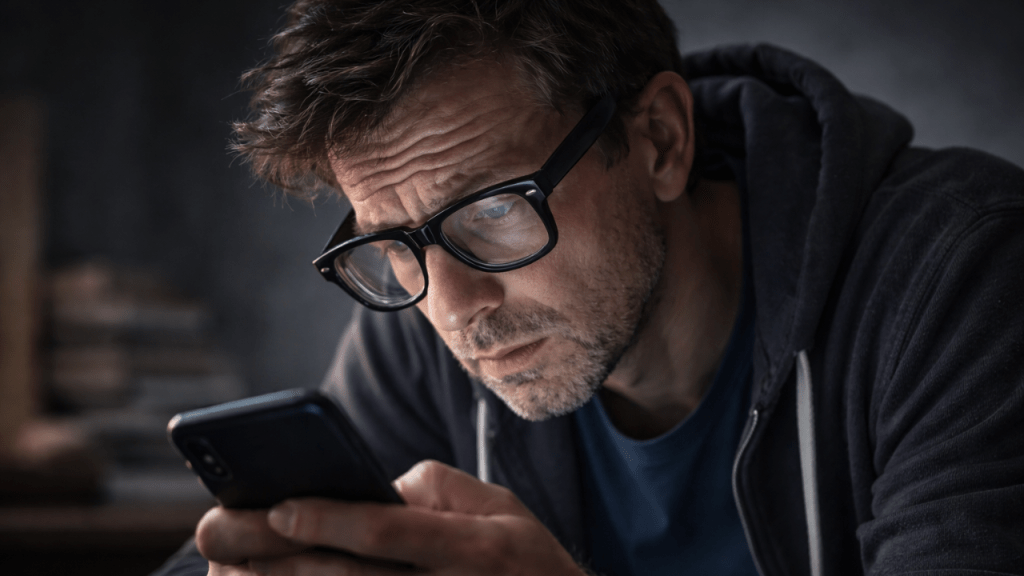 Immagine di un lettore stanco di leggere il telefono.