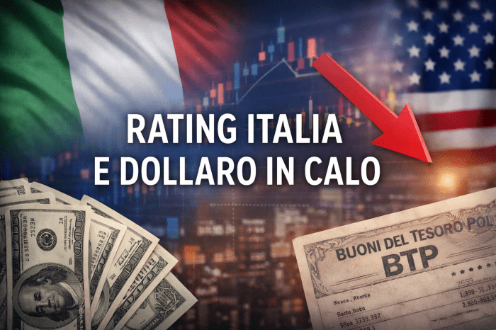 Mercati obbligazionari europei tra dollaro debole e spread in calo Copertina con titolo “Rating Italia e dollaro in calo” su sfondo sobrio, riferimento ai mercati obbligazionari, al giudizio sul rating dell’Italia e al contesto di cambio euro-dollaro.