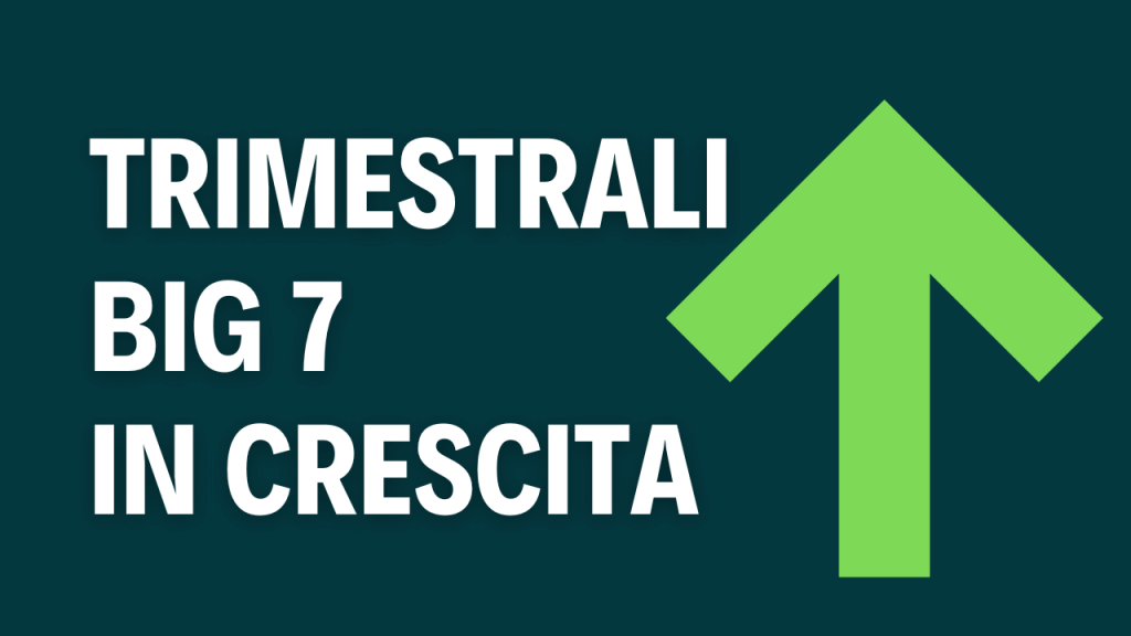 Grafica con la scritta “Trimestrali Big 7 in crescita” e una freccia verde rivolta verso l’alto, a indicare risultati trimestrali positivi delle principali big tech a inizio 2026.