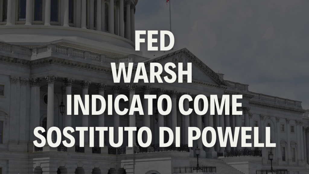 Facciata del Campidoglio degli Stati Uniti con il titolo sovraimpresso “FED – Warsh indicato come sostituto di Powell”, immagine di copertina su possibile successione alla guida della Federal Reserve.