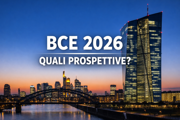 BCE: tassi fermi a febbraio e prospettive per il 2026 Sede della Banca Centrale Europea a Francoforte al tramonto, con skyline urbano e fiume in primo piano; titolo centrato nell’immagine: “BCE 2026 – Quali prospettive?”.