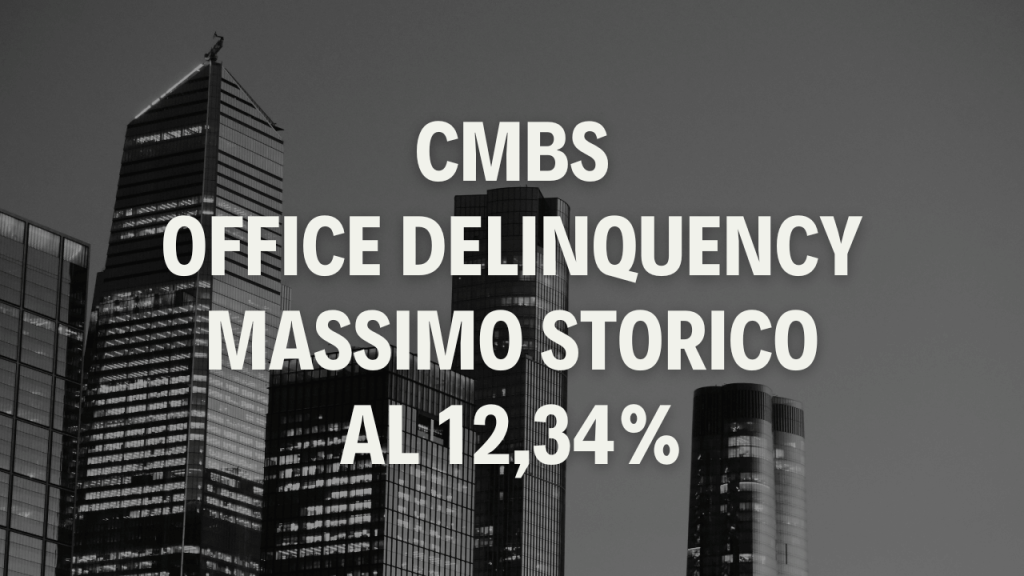 CMBS: l’office delinquency supera i massimi storici Copertina articolo con skyline di grattacieli e testo “CMBS Office Delinquency massimo storico al 12,34%” su sfondo in bianco e nero.