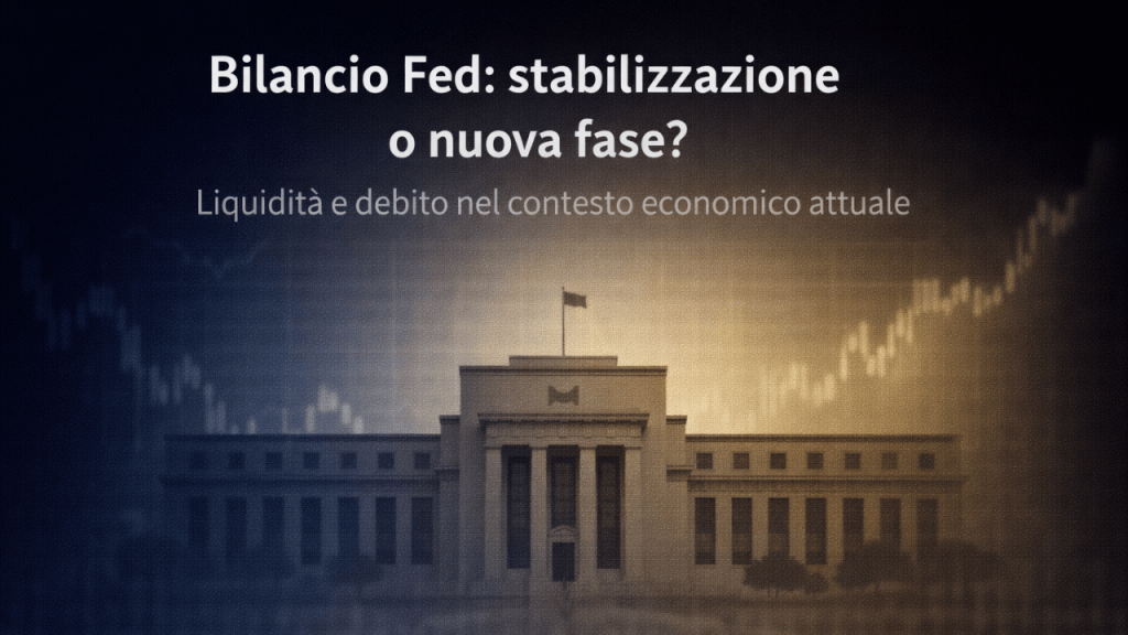 La Fed ha ripreso ad espandere il bilancio Facciata della Federal Reserve su sfondo scuro con grafico finanziario in trasparenza e titolo “Bilancio Fed: stabilizzazione o nuova fase?”.