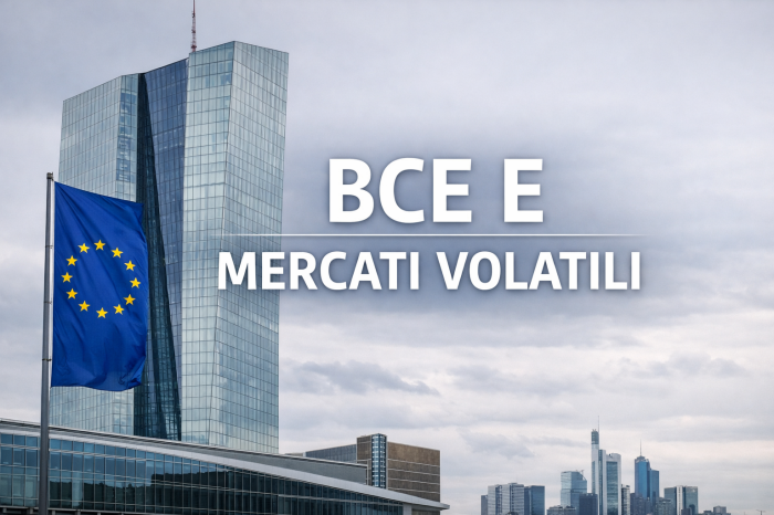 Lagarde e BCE: contesto più volatile. Cosa cambia? Sede della Banca Centrale Europea a Francoforte con bandiera dell’Unione Europea in primo piano e titolo “BCE E MERCATI VOLATILI” centrato su sfondo neutro.