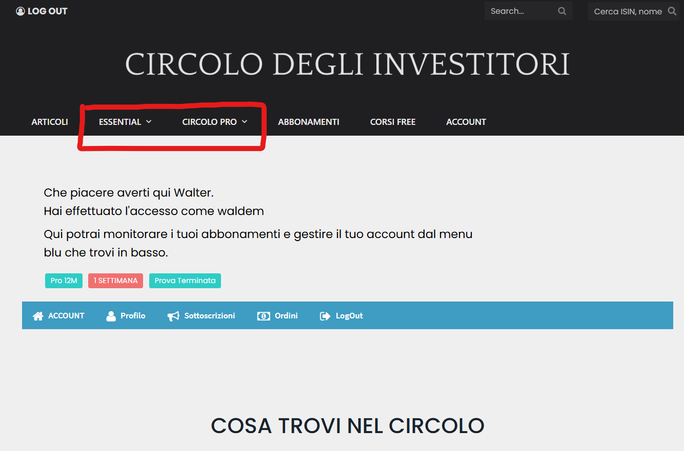 L'immagine mostra come cambia il menu del sito dopo il login introducendo l'area riservata.
