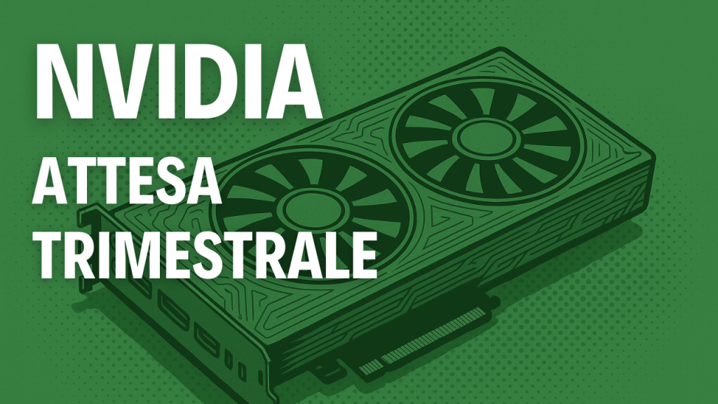 NVIDIA: attese elevate e titolo sui massimi prima dei conti Immagine di una scheda video stilizzata su sfondo verde con scritta "NVIDIA ATTESA TRIMESTRALE"