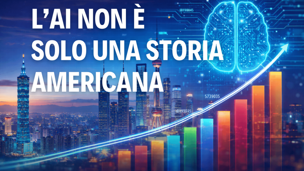 L’intelligenza artificiale non è solo una storia americana Paesaggio cinese con cervello stilizzato, sfondo blu e testo "L'AI non è solo una storia americana"
