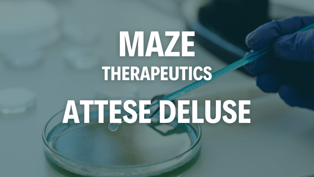 Maze Therapeutics: dati positivi, ma il titolo crolla Immagine di sfondo biotech con pipetta da laboratorio e scritta bianca: Maze Therapeutics attese deluse