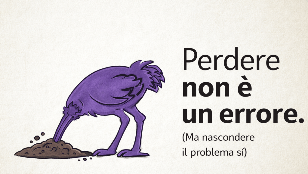 Struzzo che mette la testa sotto la terra con scritta "Perdere non è un errore"