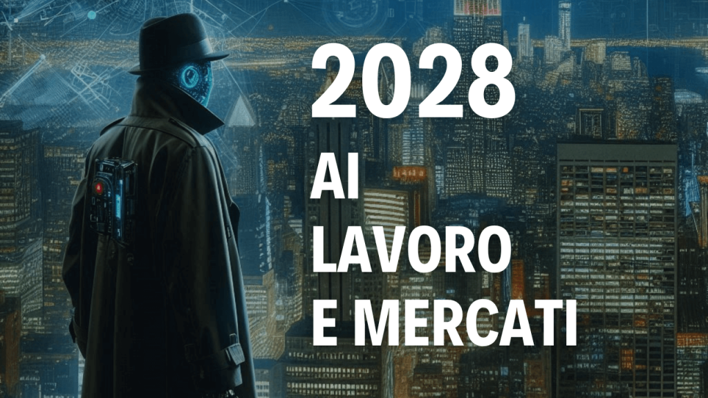 Copertina con skyline notturno di una grande città futuristica; in primo piano un robot umanoide con cappello e cappotto osserva l’orizzonte. Testo sovrapposto: “2028 – AI Lavoro e Mercati”.