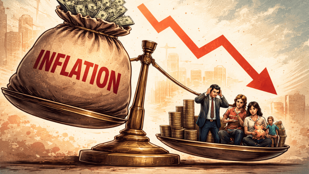 Stagflazione? Il misery index invita alla cautela Illustrazione simbolica sull’inflazione: una grande bilancia inclinata regge da un lato un pesante sacco pieno di banconote, dall’altro alcune persone e pile di monete, mentre sullo sfondo compare una freccia rossa discendente sopra una città stilizzata.