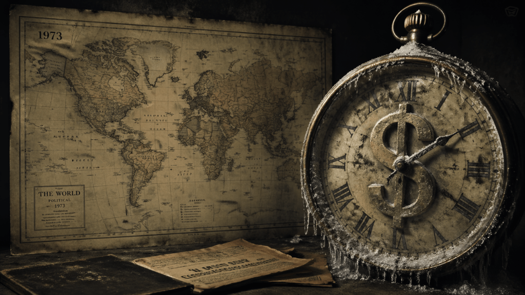 Orologio antico ghiacciato con quadrante a simbolo del dollaro e mappa politica del mondo del 1973 sullo sfondo
