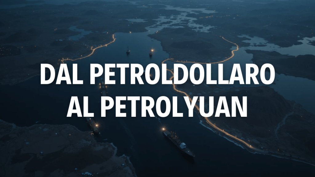Dal petrodollaro al petroyuan: cosa sta cambiando Immagine dello stretto di Hormuz con navi e scritta "Dal Petroldollaro al PetrolYuan.
