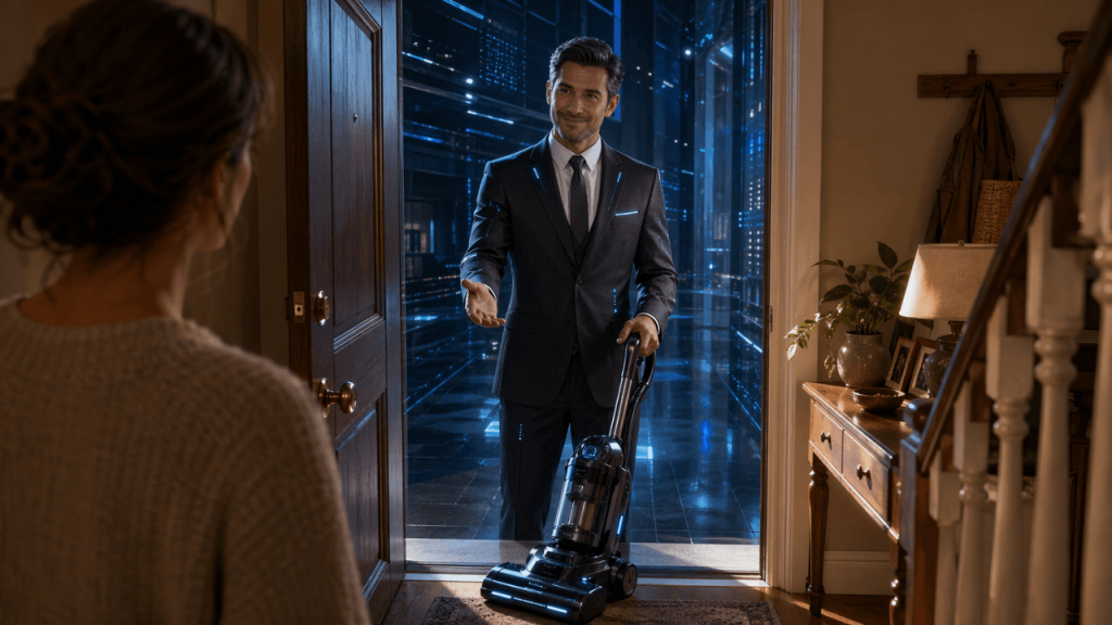 Un venditore futuristico con un aspirapolvere entra dalla porta di casa, simbolo dell’intelligenza artificiale che diventa interfaccia commerciale.