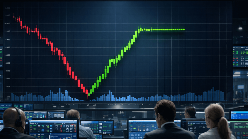 Immagine di un grafico di vorsa che inverte a "V" da ribassista a rialzista e operatori che lo guardano.