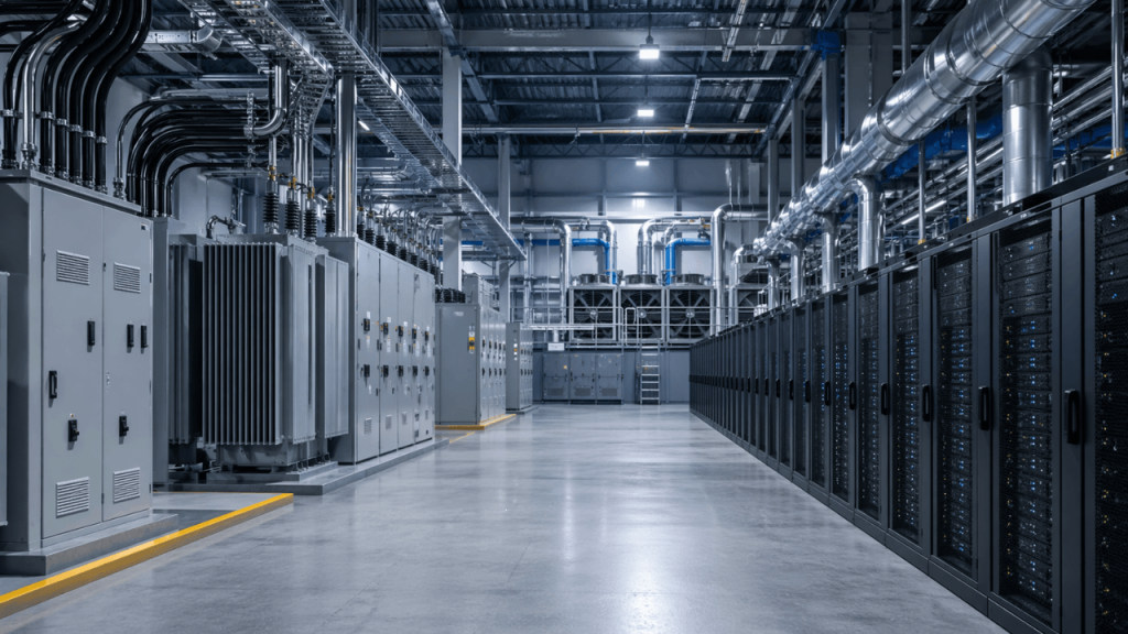 Immagine che raffigura un grande data center contemporaneo con corridoi server illuminati in modo freddo ed elementi di raffreddamento in primo piano.