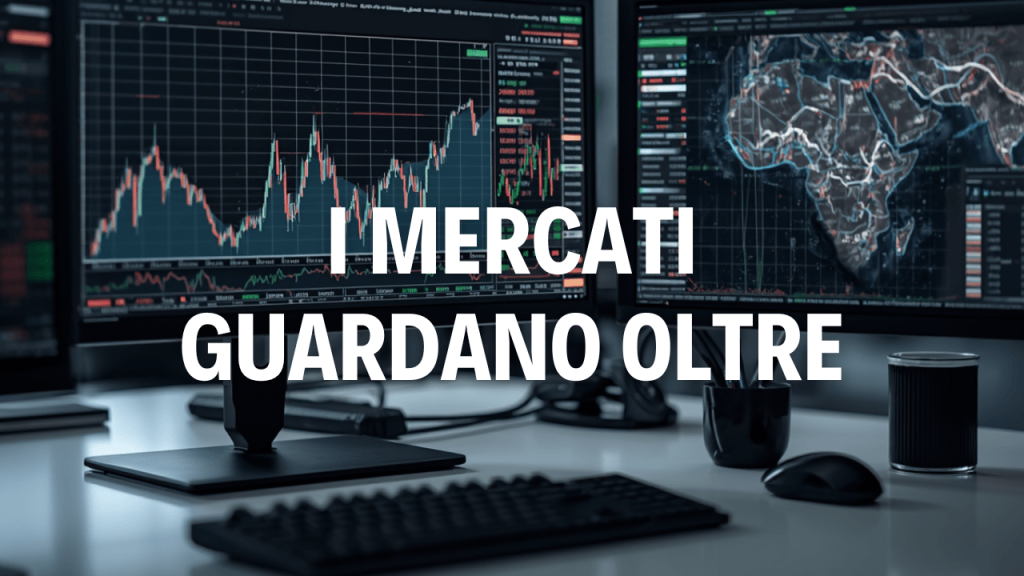 FMI, Iran e trimestrali USA: i mercati guardano oltre il rischio geopolitico Due monitor di un analista finanziario con grafico di borsa e la scritta bianca "I mercati guardano oltre"