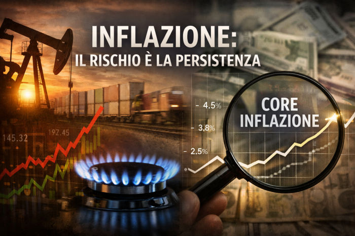 Inflazione: perché il rischio oggi è la persistenza, non il picco Copertina 16:9 sull’inflazione persistente: a sinistra pompa petrolifera, treno merci, fornello a gas e grafici di prezzi energia e trasporti in rialzo; a destra lente d’ingrandimento su grafico della core inflation in aumento, con sfondo di banconote. Titolo centrato in overlay: “INFLAZIONE: IL RISCCHIO È LA PERSISTENZA”.