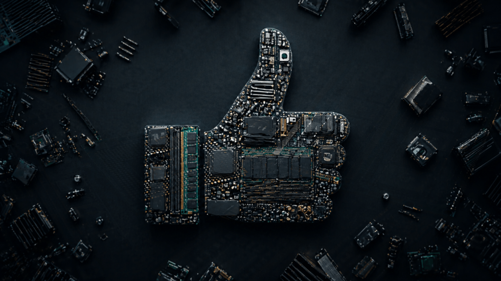 Illustrazione editoriale di un simbolo like costruito con chip, memoria e componenti elettronici su sfondo scuro, usata come copertina per un articolo su Meta e i costi dell’intelligenza artificiale.