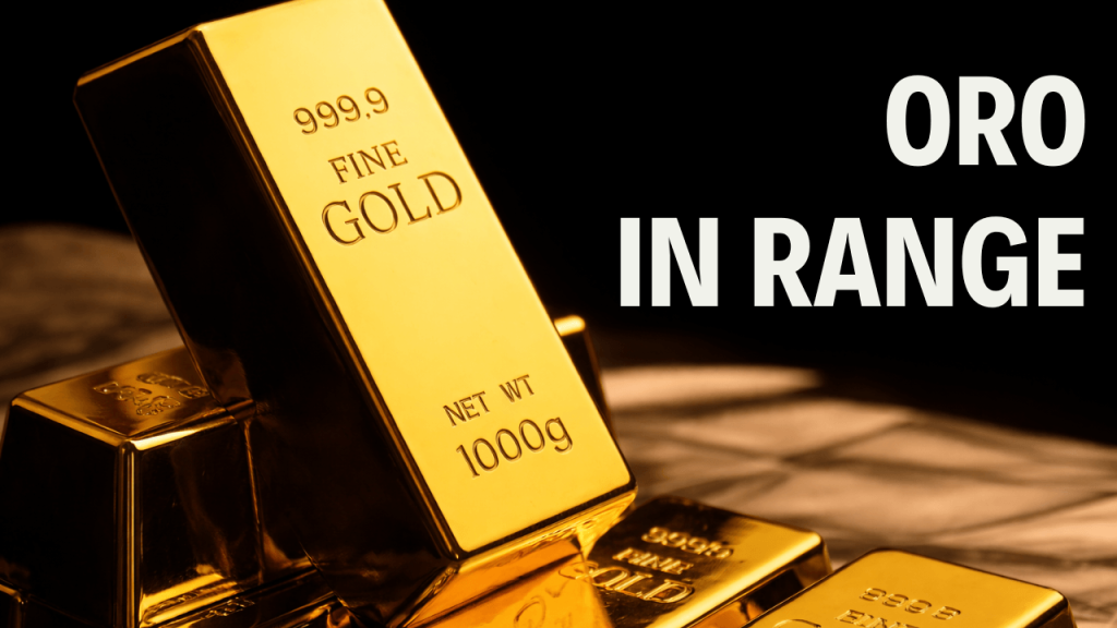 Gold dopo il sell-off: il mercato può entrare in una fase laterale? Lingotto d'oro in piedi con scritta "Oro in range"