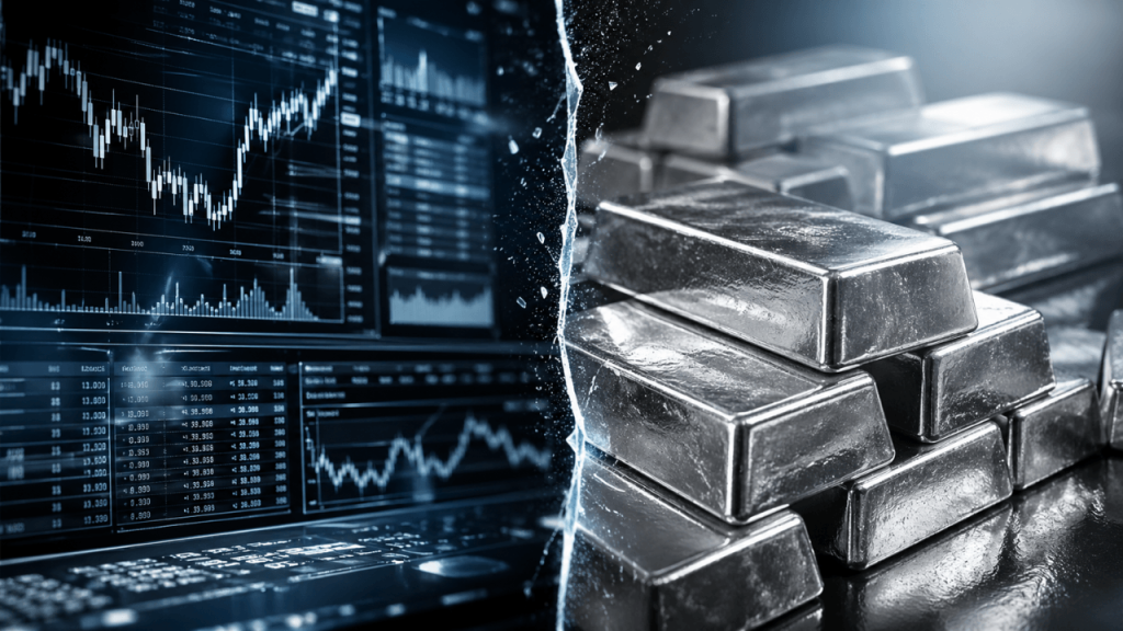 immagine divisa nettamente in due: a sinistra un grafico di borsa che simboleggia il paper silver e a destra dei lingotti d'argento fisico