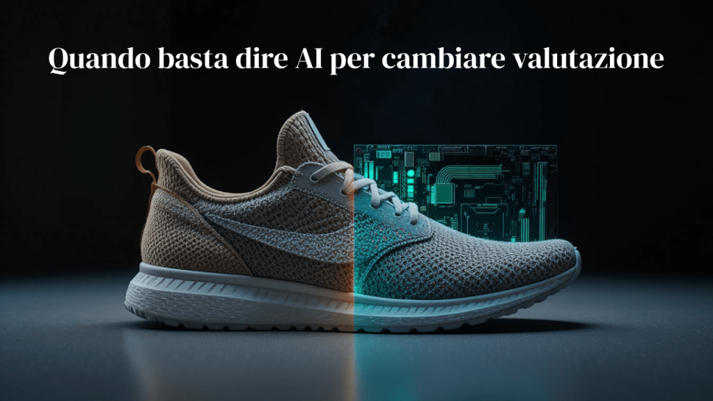 Scarpa in lana merino che si trasforma in scheda GPU — immagine simbolica del pivot di Allbirds verso l'intelligenza artificiale