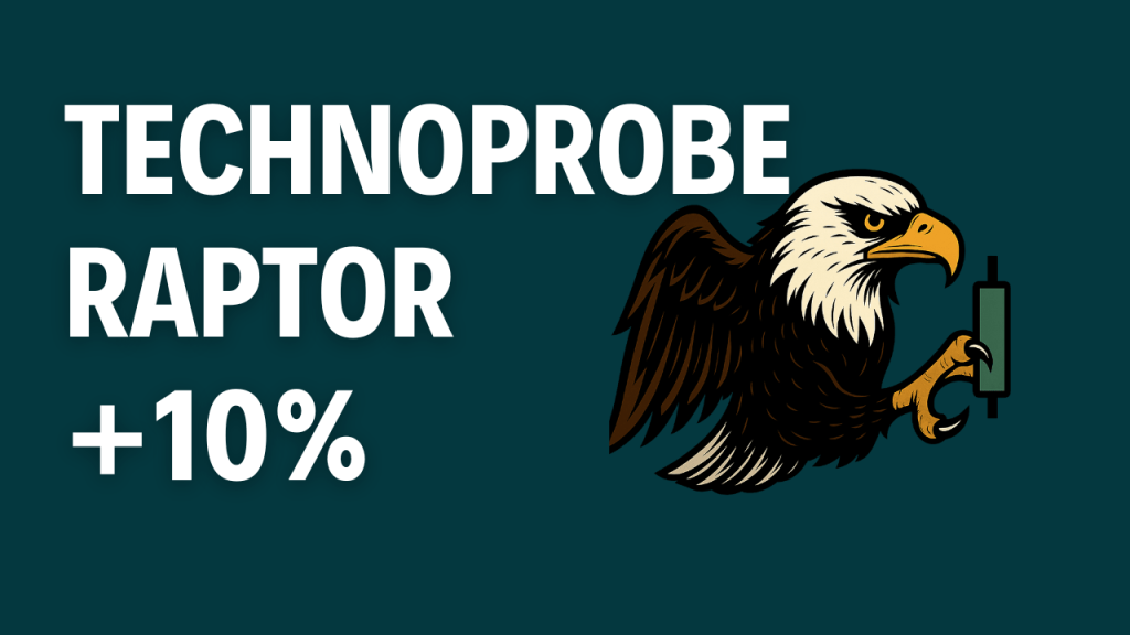 Technoprobe, crescita AI e RAPTOR: +10% in una seduta Sfondo verde con aquila e scritta: Technoprobe RAPTOR +10%