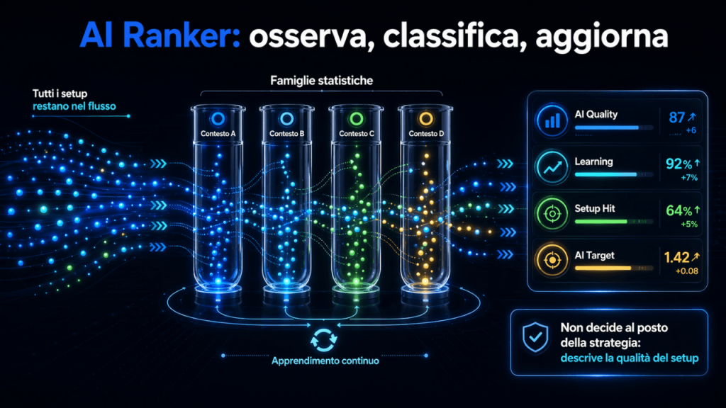 Grafico esplicativo di Trendycator AI Ranker con 4 ampolle che simboleggiano i contenitori che analizzano e categorizzano le operazioni in base alla statistica che si auto alimenta.