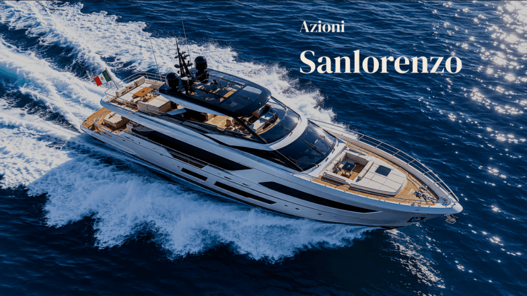 Azioni Sanlorenzo: il mercato premia la trimestrale Yacht di lusso Sanlorenzo ripreso dall’alto in navigazione veloce sul mare blu, usato come immagine di copertina per un articolo sulle azioni Sanlorenzo.
