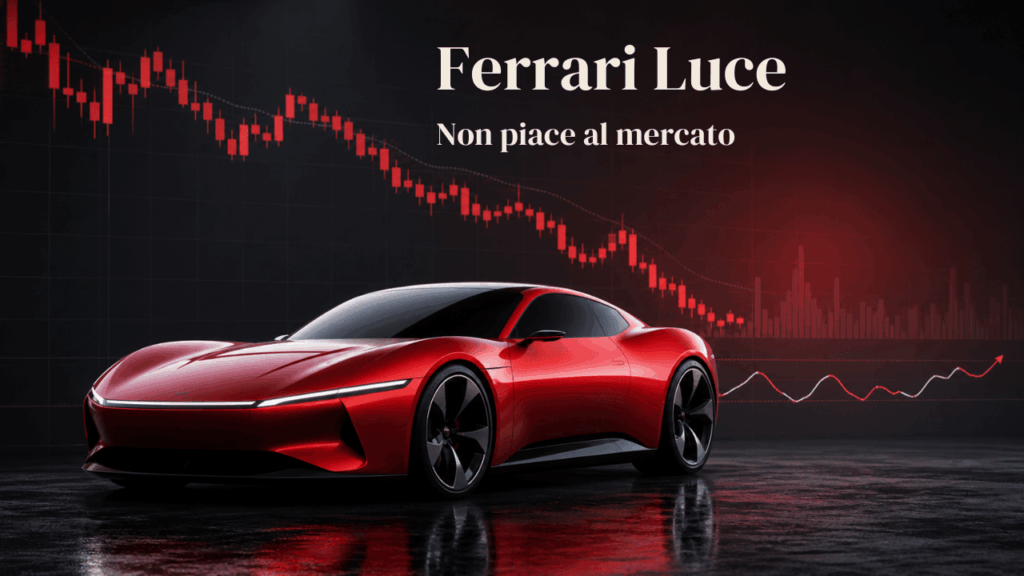 Ferrari Luce dal Papa, il titolo perde l’8,37%. Auto elettrica sportiva rossa generica davanti a un grafico di Borsa in calo, immagine editoriale sul debutto della Ferrari Luce e sulla reazione negativa del mercato.
