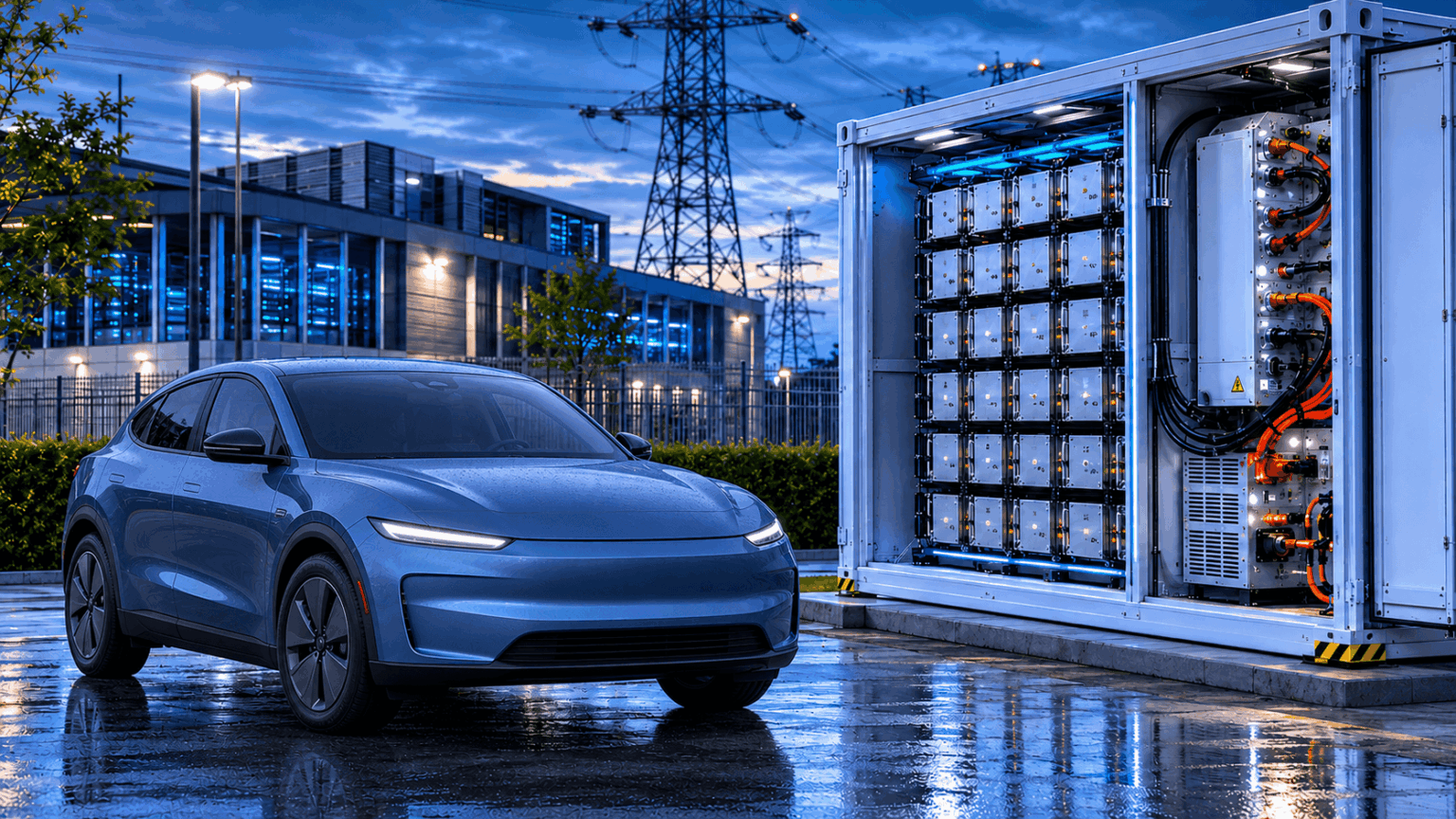 Immagine di un'auto elettrica con sullo sfondo dei grandi accumulatori di corrente elettrica industriali per articolo su Ford Energy