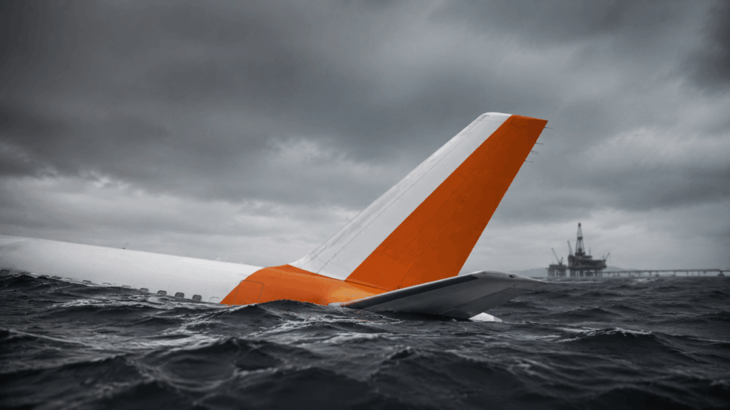 Coda e parte posteriore di un aereo low-cost parzialmente sommerse in mare agitato, come metafora della crisi del settore aereo causata dal caro carburante.