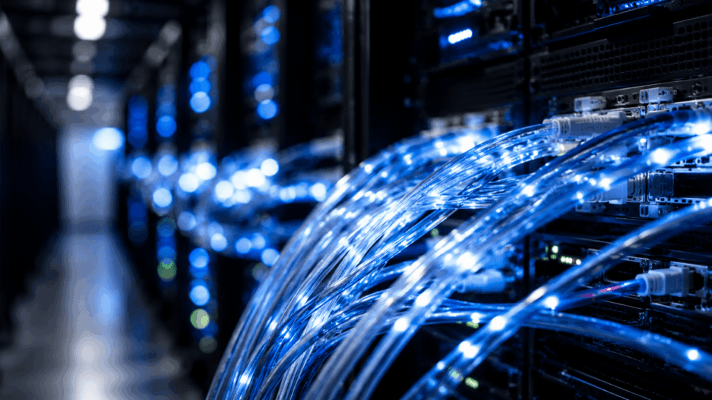Immagine di un Datacenter con cavi in fibra ottica in primo piano per articolo su trimestrale di Marvell.