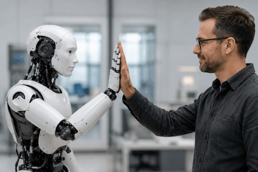 Nvidia mette la sicurezza al centro della robotica umanoide Immagine di un Robot umanoide che da il 5 a un umano