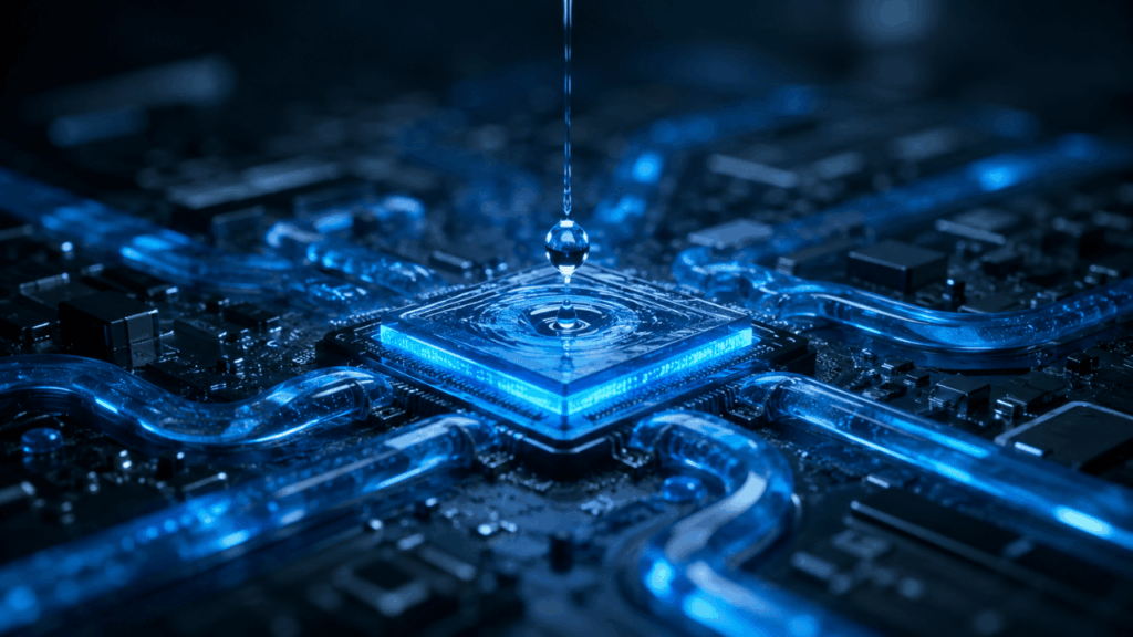 Raffreddare l’AI quasi senza acqua: la risposta di NVIDIA Immagine di una goccia d'acqua che cade sopra un chip di intelligenza artificiale per raffreddarlo.