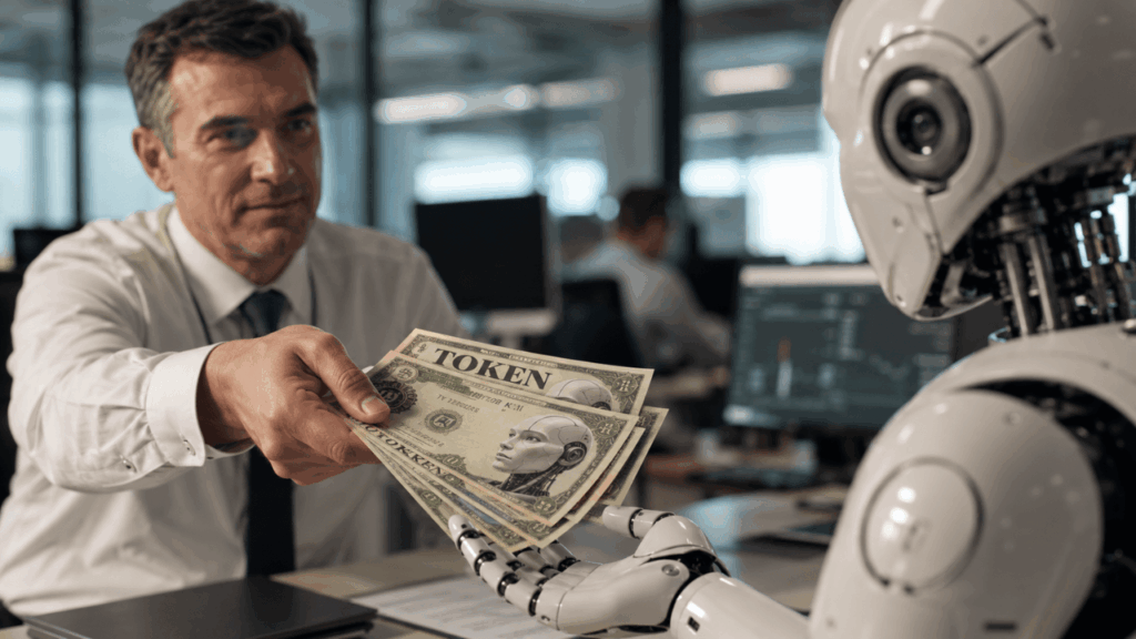 Un manager in camicia e cravatta paga un robot umanoide con banconote che recano la scritta TOKEN, in un open space d'ufficio: immagine simbolo del tokenmaxxing.