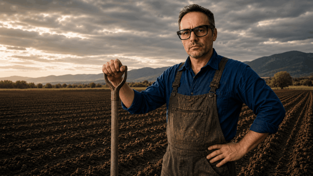Agricoltura: macrotrend del futuro Immagine di Walter in piedi su un campo arato con in mano una pala. Immagine realizzata con Intelligenza Artificiale.
