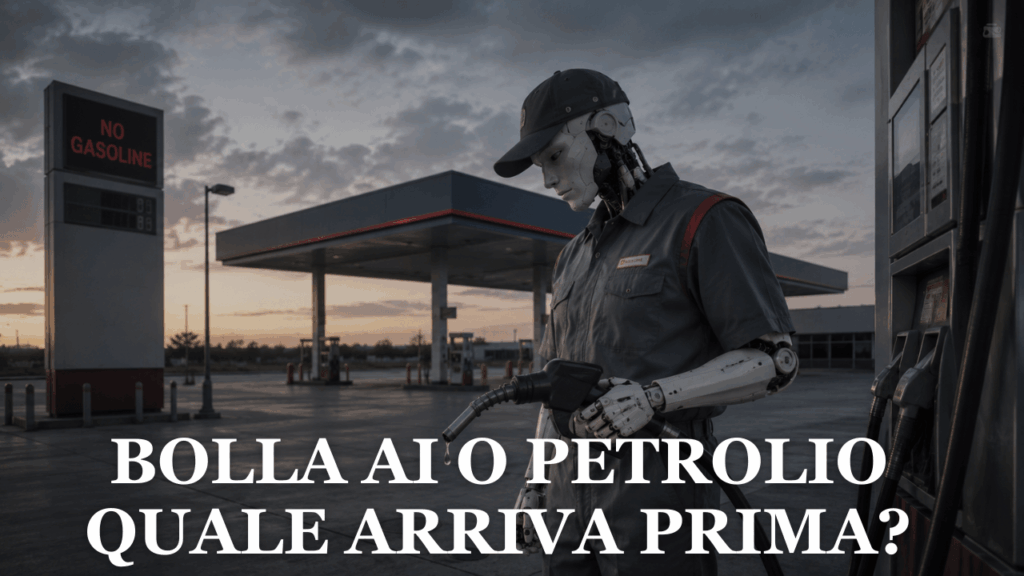 Bolla IA o petrolio: quale rischio scoppia prima? Immagine di copertina che raffigura un benzinaio robot umanoide con la pompa di benzina a secco.