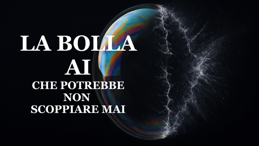 Perché la bolla AI potrebbe non scoppiare mai Immagine di copertina con una bolla semi esplosa che indica una bolla finanziaria che potrebbe non esplodere mai.