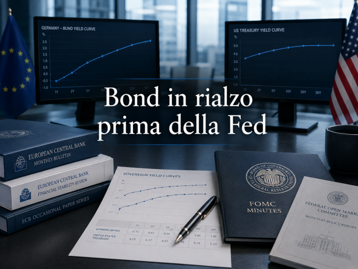 Treasury e Bund, rialzo dei rendimenti in attesa dei verbali della Fed. Ambiente finanziario sobrio con curve dei rendimenti accennate e riferimenti visivi a Treasury USA e Bund tedeschi