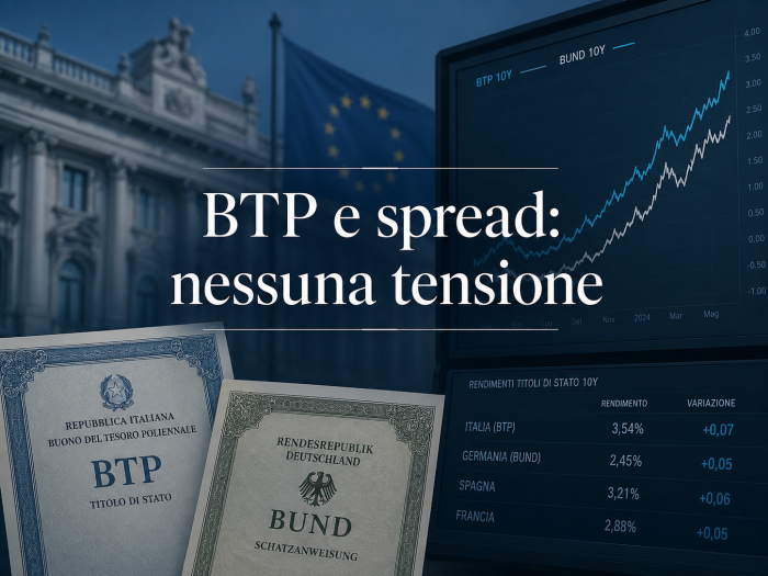 Rendimenti BTP in rialzo: cosa ci dice lo spread BTP-Bund Composizione editoriale con confronto visivo tra BTP e Bund e richiamo sobrio allo spread europeo