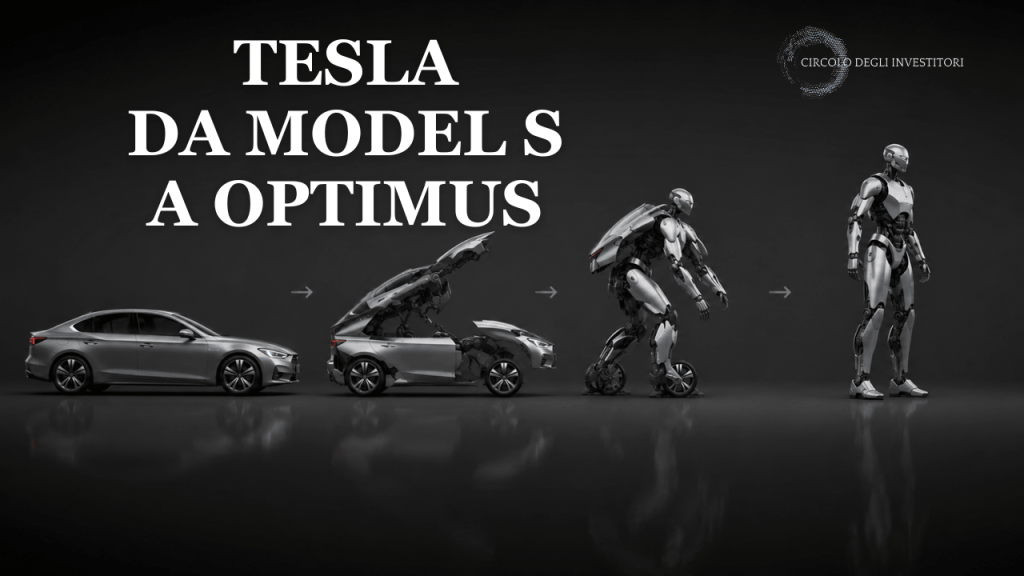 Da Model S a Optimus, le auto non sono più la priorità Immagine di copertina che mostra un'auto stilizzata senza marca che si trasforma progressivamente in robot umanoide