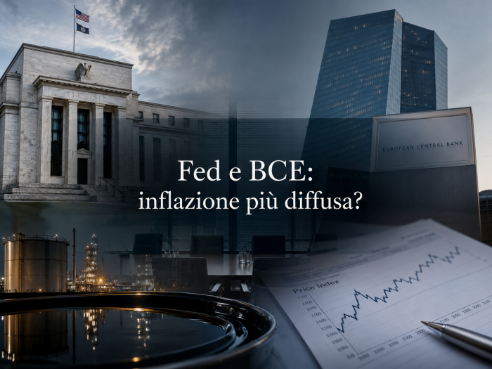 Verbali Fed e BCE: lo shock energia è entrato nei prezzi. Composizione editoriale con richiami visivi alla Federal Reserve e alla BCE, documenti istituzionali e segnali sobri di inflazione energetica