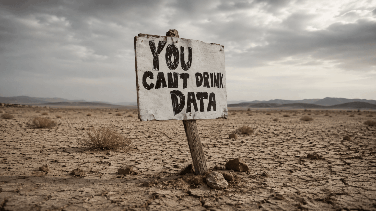 Cartello di legno in un terreno arido e screpolato con la scritta "You can't drink data", cielo nuvoloso sullo sfondo.